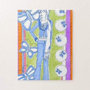 Quebra-cabeça Borboletas Azuis Em Torno Da Garota Glamorosa