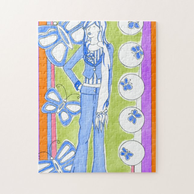 Quebra-cabeça Borboletas Azuis Em Torno Da Garota Glamorosa (Vertical)