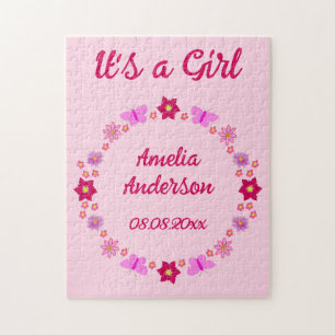 Quebra-cabeça Borboletas e flores de bebê cor-de-rosa personaliz