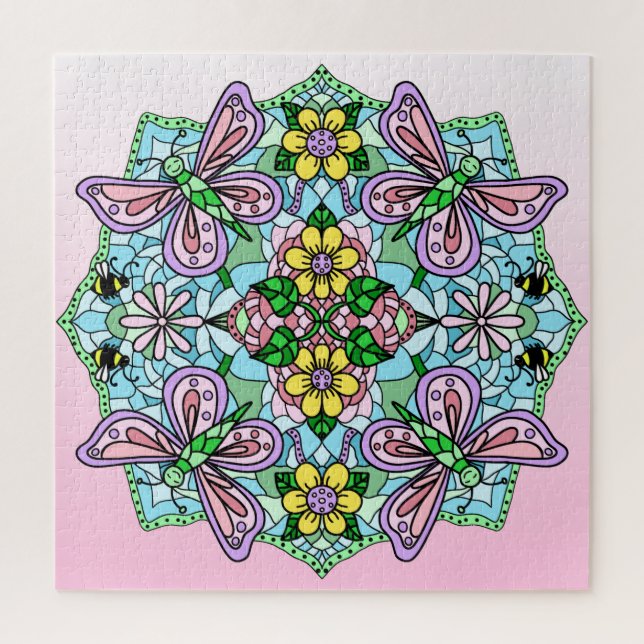 Quebra-cabeça Borboletas rosa Flores e Abelhas Mandala (Vertical)