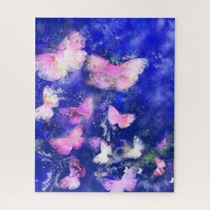 Quebra-cabeça Borboletas rosa voando na noite azul - desenho