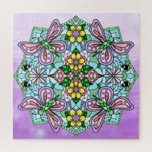 Quebra-cabeça Borboletas roxas Flores e Abelhas Mandala