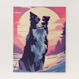 Quebra-cabeça Borda Collie na floresta nevada durante o pôr do s