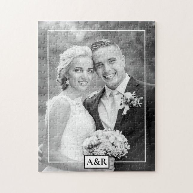 Quebra-cabeça Borda fina branca elegante e casamento de iniciais (Vertical)