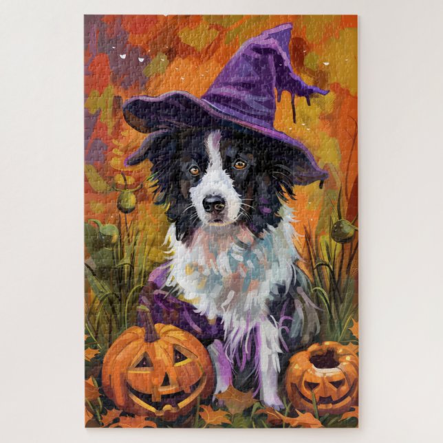Quebra-cabeça Borda Spooky Collie Halloween Witch E Pumpkin (Vertical)