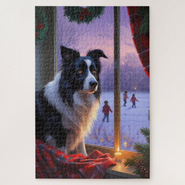 Quebra-cabeça Border Collie Com Luzes De Natal Feriado (Vertical)