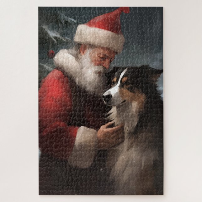 Quebra-cabeça Border Collie Com Papai Noel Natal Festivo (Vertical)