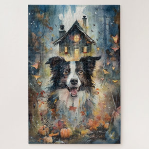 Quebra-cabeça Border Collie de Halloween com Abóboras Assustador