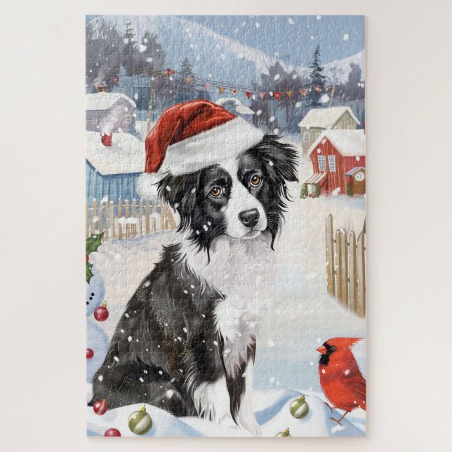 Quebra-cabeça Border Collie Dog Winter Wonderland Natal Joy (Vertical)