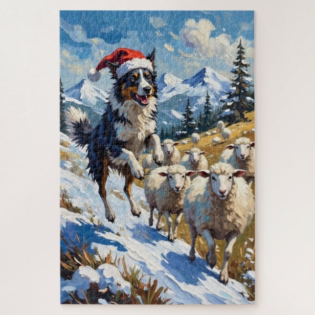 Quebra-cabeça Border Collie Herding Christmas Snowballs Hat (Vertical)