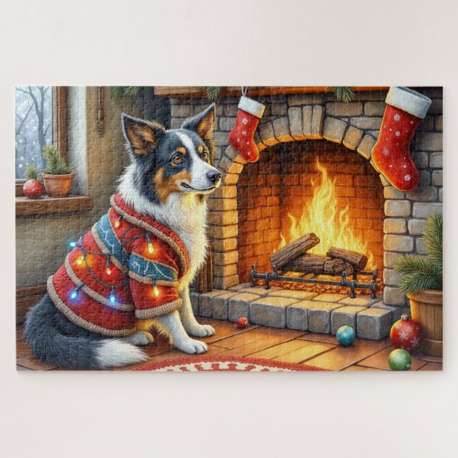Quebra-cabeça Border Collie Lareira com Luzes de Natal (Horizontal)