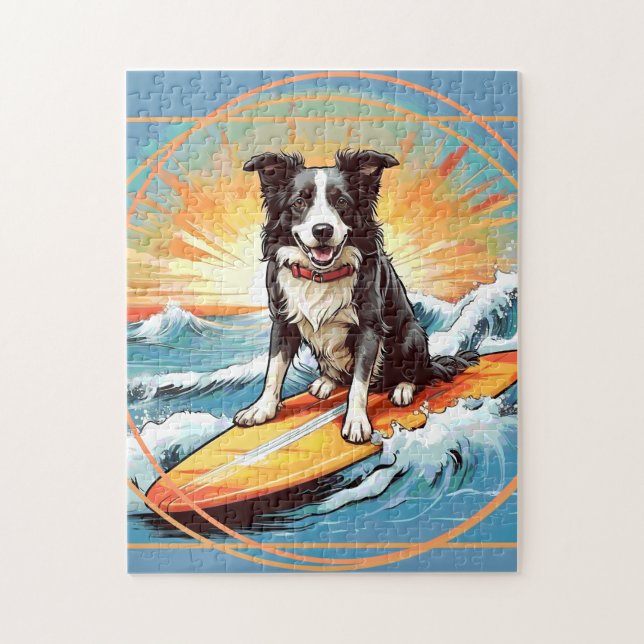 Quebra-cabeça Border Collie Preto e Branco Surfando (Vertical)