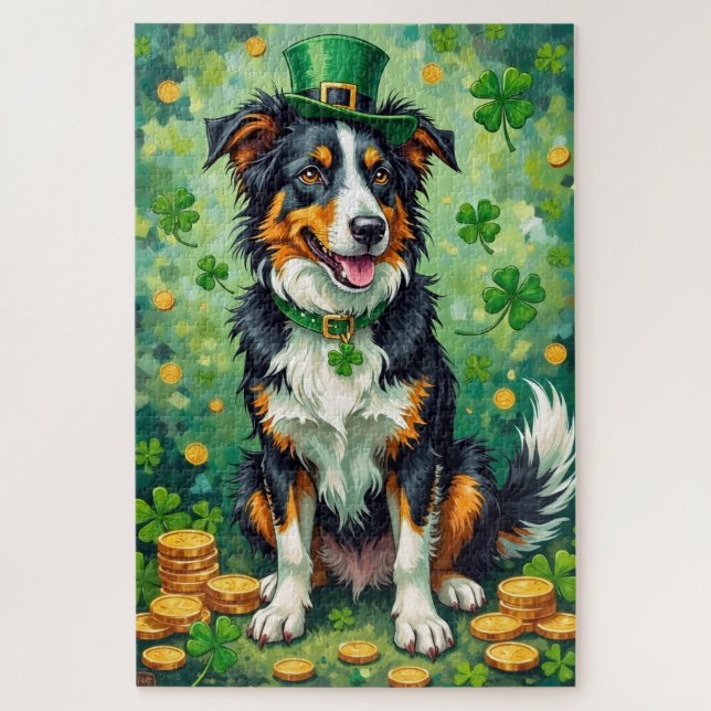 Quebra-cabeça Border Collie St Patrick’s Day Lucky Dog (Vertical)