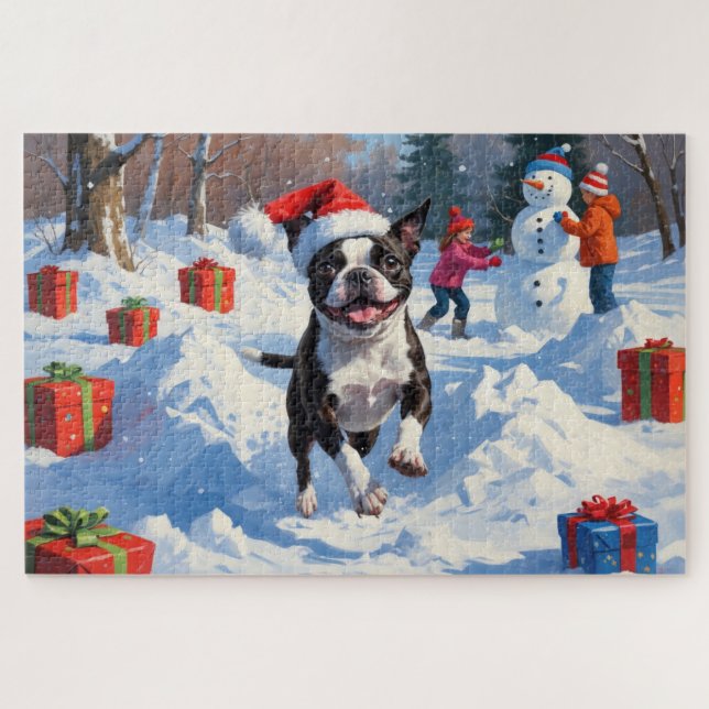 Quebra-cabeça Boston Terrier Cena de Natal Festivo na Neve (Horizontal)