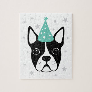 Quebra-cabeça Boston terrier com chapéu de festa e estrelas