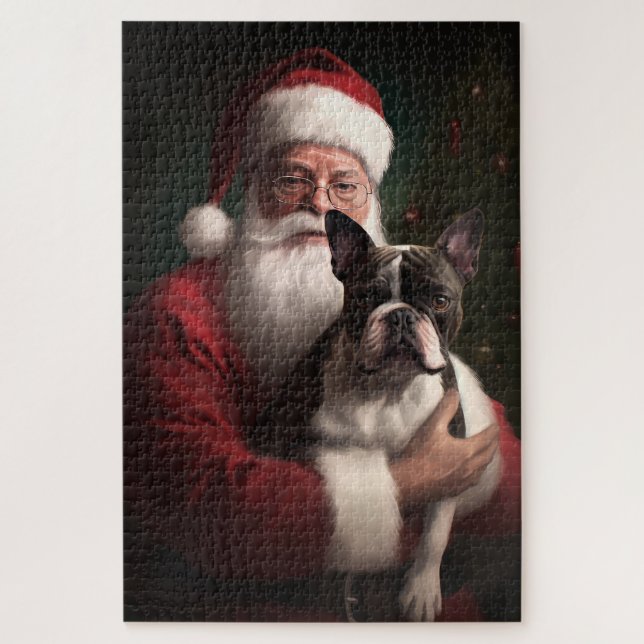 Quebra-cabeça Boston Terrier com Papai Noel Natal Festivo (Vertical)