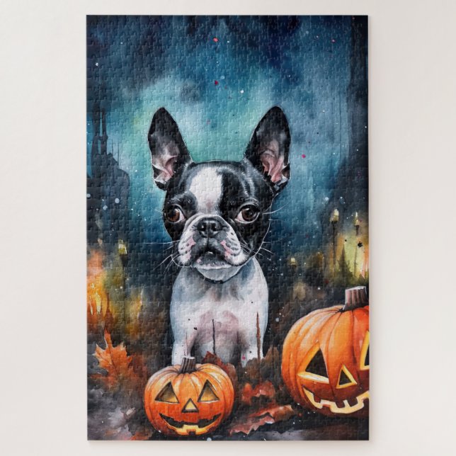 Quebra-cabeça Boston Terrier de Halloween com Abóboras Assustado (Vertical)