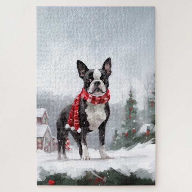 Quebra-cabeça Boston Terrier Dog no Natal da neve (Vertical)