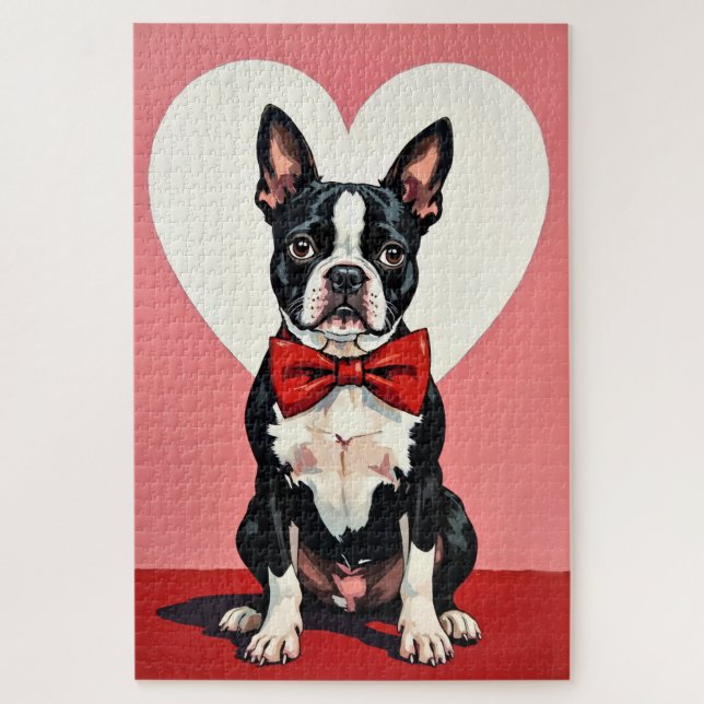 Quebra-cabeça Boston Terrier Dog Valentine's Day Crimson Bow (Vertical)