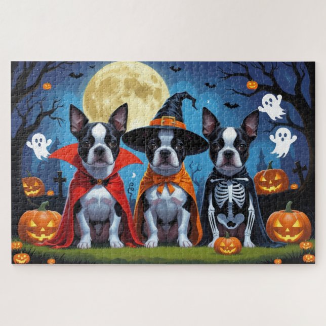 Quebra-cabeça Boston Terrier Dogs Pumpkin Halloween Engraçado (Horizontal)