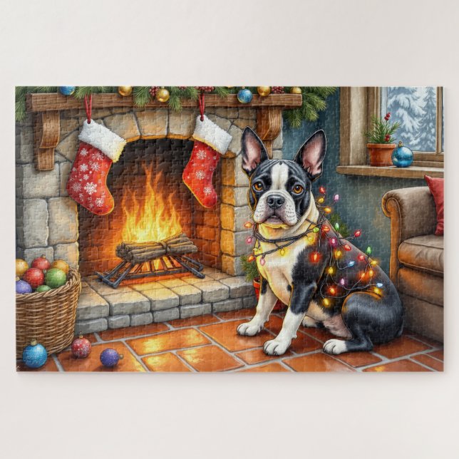 Quebra-cabeça Boston Terrier Fireplace with Christmas Lights (Horizontal)