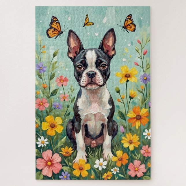 Quebra-cabeça Boston Terrier Jardim Botânico de Primavera Cachor (Vertical)