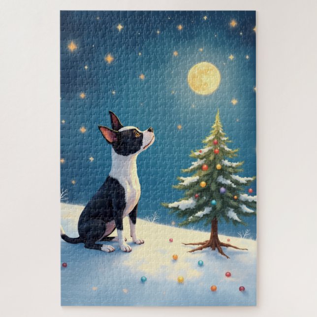 Quebra-cabeça Boston Terrier Observando as Estrelas no Natal (Vertical)