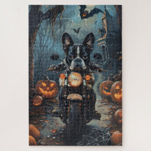 Quebra-cabeça Boston Terrier Pilotando Motocicleta Dia das Bruxa