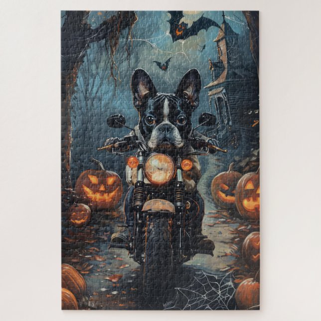 Quebra-cabeça Boston Terrier Pilotando Motocicleta Dia das Bruxa (Vertical)