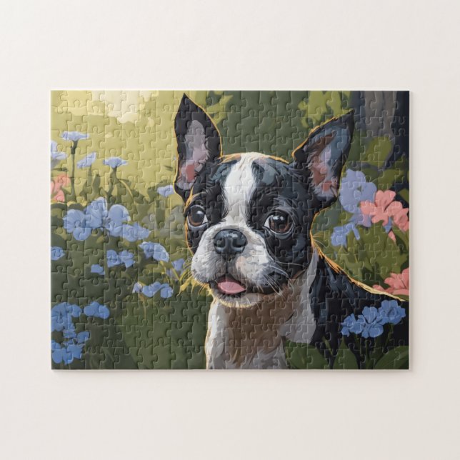 Quebra-cabeça Boston Terrier Pup em Campo Flor (Horizontal)