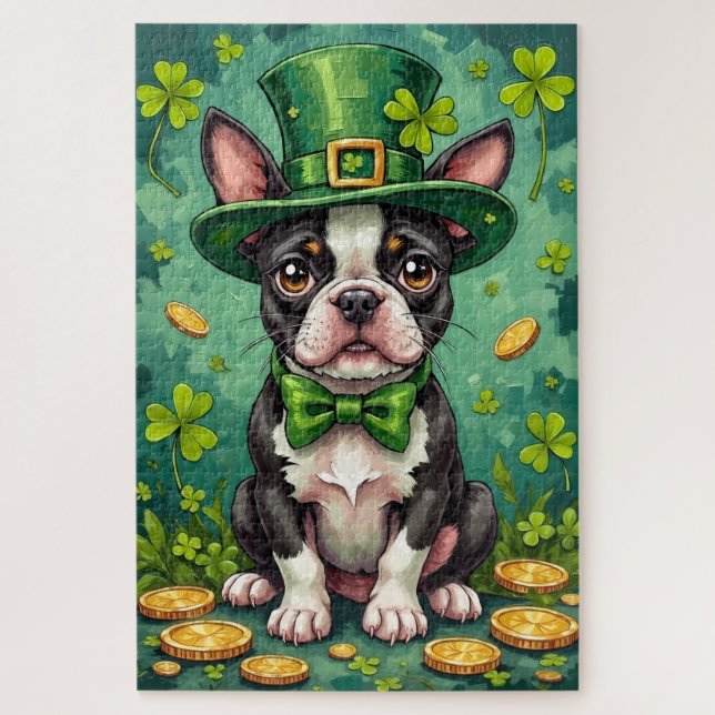 Quebra-cabeça Boston Terrier St Patrick’s Day Funny Lucky Dog (Vertical)