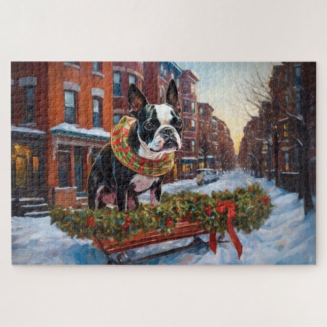 Quebra-cabeça Boston Terrier Temporada Festiva de Natal (Horizontal)