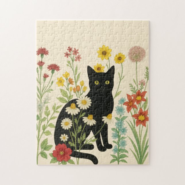 Quebra-cabeça Botanical Nature – Black Cat in Wildflower Garden (Vertical)
