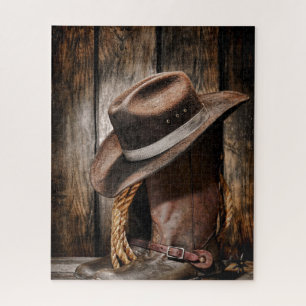 Quebra-cabeça botas de cowboy de madeira castanha do oeste