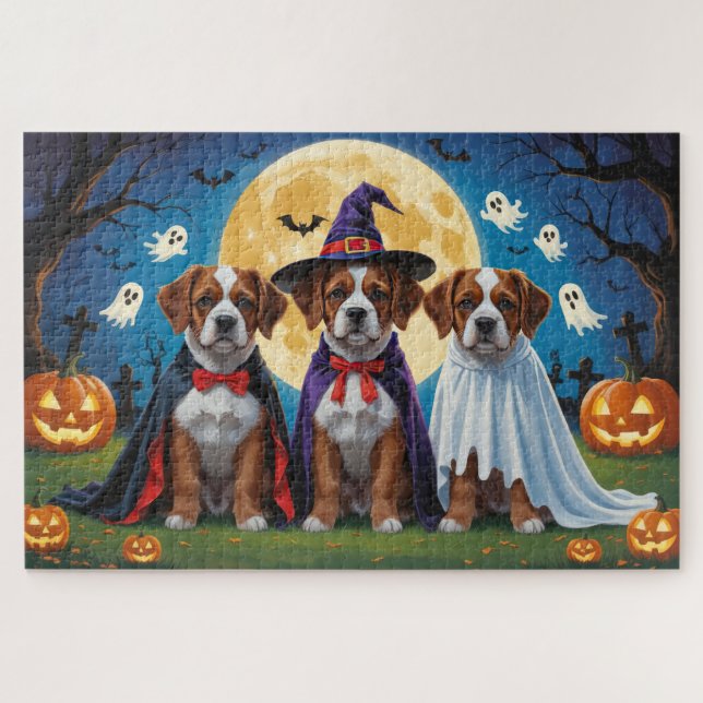 Quebra-cabeça Bouviers Des Flandres Cães Pumpkin Halloween Engra (Horizontal)