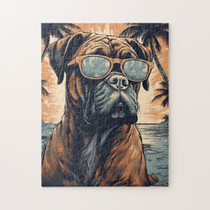 Quebra-cabeça Boxer alemão com óculos de sol numa praia tropical