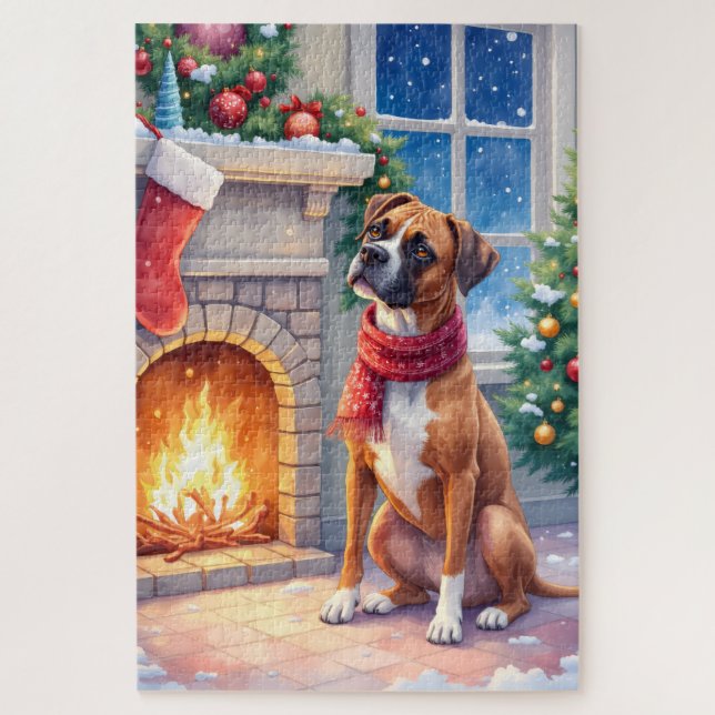 Quebra-cabeça Boxer de Caixa de Fogo Festivo Arte de Natal (Vertical)