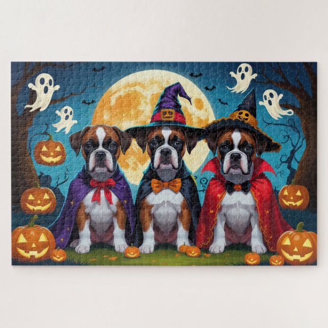 Quebra-cabeça Boxer Dogs Pumpkin Halloween Engraçado (Horizontal)
