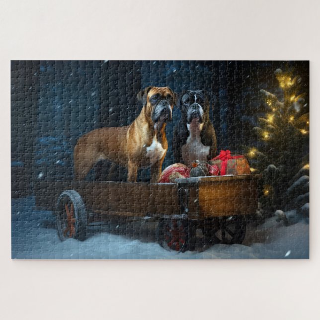 Quebra-cabeça Boxer Snowy Sleigh Decoração de Natal (Horizontal)