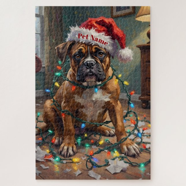 Quebra-cabeça Boxer Tangled in Christmas Lights Guilty Hat (Vertical)