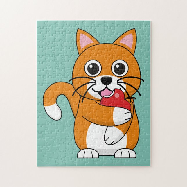 Quebra-cabeça Branca De Gato Branco, Comendo Maçã Vermelha (Vertical)