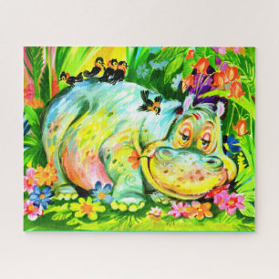 Quebra-cabeça bright colorful hippopotamus and birds