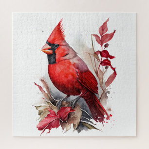 Quebra-cabeça Bright Red Watercolor Pássaro Cardinal de inverno