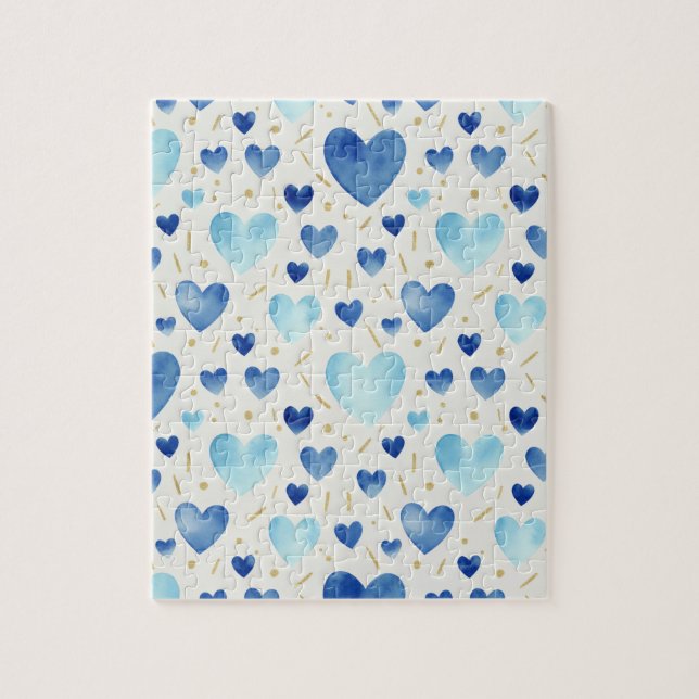 Quebra-cabeça Brilho Cerúleo | Corações de Aquarela Azul e Doura (Vertical)