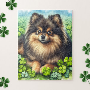 Quebra-cabeça Brindle Pomeranian Watercolor Clover Shamrock