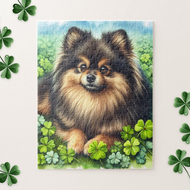 Quebra-cabeça Brindle Pomeranian Watercolor Clover Shamrock (Criador carregado)