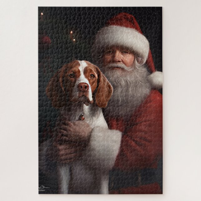 Quebra-cabeça Brittany Spaniel Com Papai Noel Natal (Vertical)
