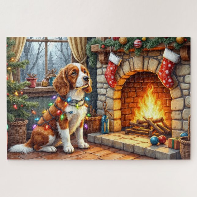 Quebra-cabeça Brittany Spaniel Lareira com Luzes de Natal (Horizontal)