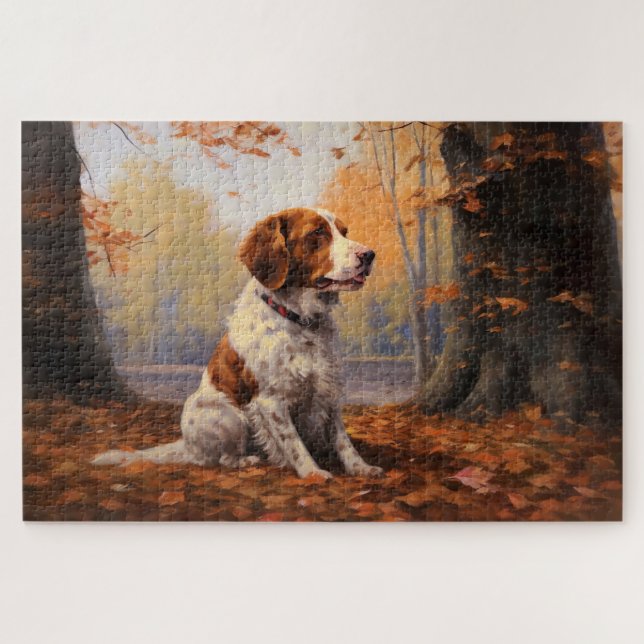 Quebra-cabeça Brittany Spaniel no Outono Folhas Caídas Inspiram (Horizontal)