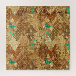 Quebra-cabeça Brown Grunge Quilt Stars Hearts